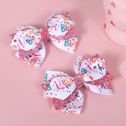 4" Happy Birthday Ribbon Hair Bow Clips 2pc Sparkly Pink Sequin Alligator Barrettes Pins for Teens Toddler Baby Girls Kids Women Ice Cream Party Outfit Dress Decor Accessory Gift