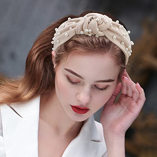 Pearl Knotted Headbands: 2Pcs Black Beaded Jeweled Embellished Hair Accessories Gift for Women