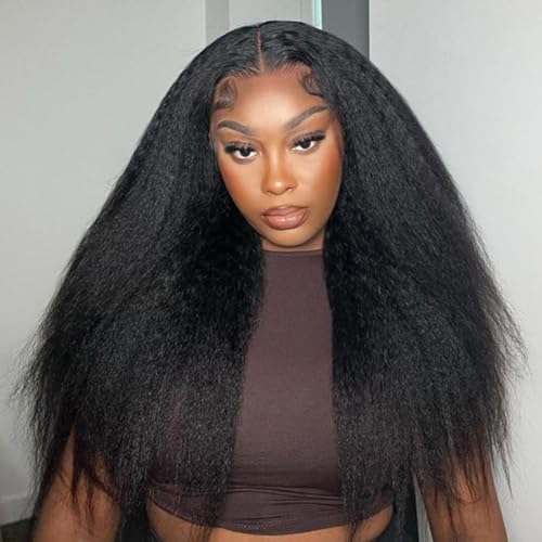 ISEE HAIR Lace Front Wigs Human Hair Kinky Straight Wear & Go Glueless Wigs Natural Hairline Pre Cut 7x5 HD Lace Closure Wig Beginner Friendly 180% Density (Natural Color, 18 Inch)