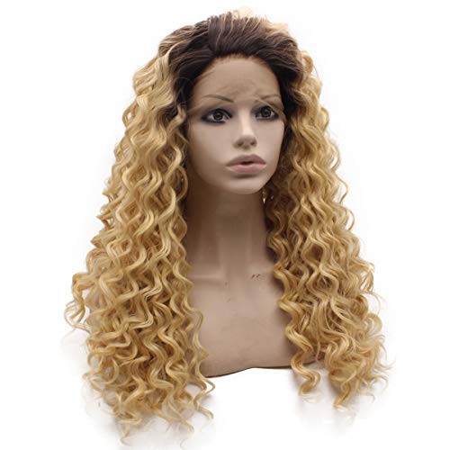 MX angel Long Dark Roots Blonde Curly Lace Front Synthetic Wig Heat Resistant Fiber Hair Natural Wig