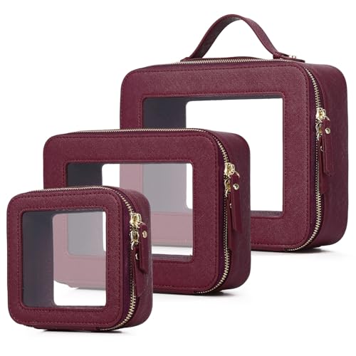 Pinkmik Clear Makeup Bag Waterproof Travel Case for Cosmetics and Toiletries Women's Purse Organizer and Clear Car Bag with Zipper (X/Burgundy, L+M+MINI)