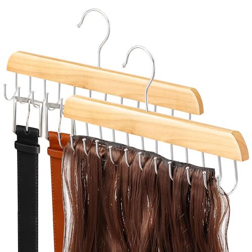 ¡¼2 Pack¡½ Wood Hair Extension Holder for Hair Storing, Washing, Drying, Coloring, Styling, Foldable Belt Hanger, Rotating Multi-Purpose Hooks Hanger, Hanging Closet Organizer