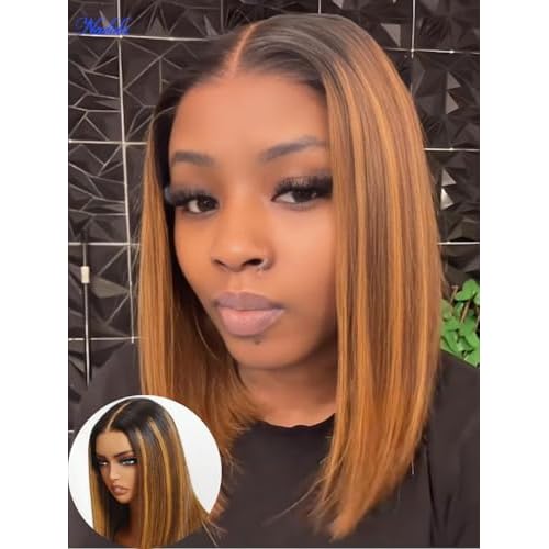 Nadula 13X4 HD Honey Brown Piano Highlight Bob Straight Drawstring Wig Human Hair - Pre Everything Glueless Ombre Bob Lace Front Wig with Ear Tape - Ready to Go Short Blunt Bob Wig 12inch