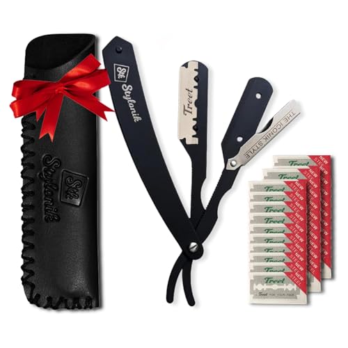 Stylonik Professional Straight Edge Barber Razor – 60 Single/30 Double-Sided Stainless Steel Blades for Men & Women, with Leather Case (Silver)