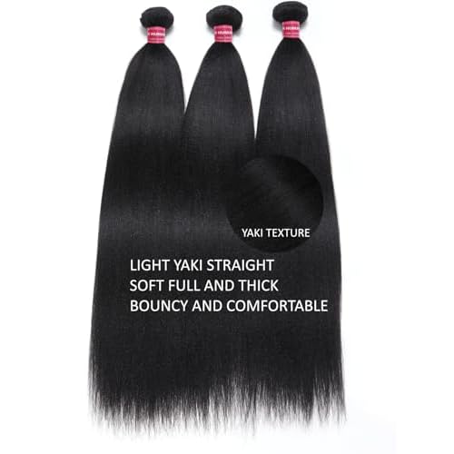 KLAIYI Yaki Straight Bundles Human Hair Weaves Unprocessed Real Virgin Hair Sew In Extensions One Bundle Of 16Inch, 12A Kinky Straight Double Wefts for Women Cllip In Light Yaki Natural Black Color
