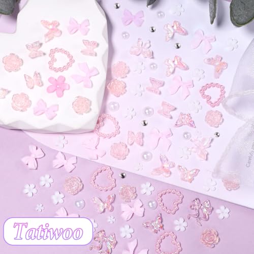 1000 Pcs White Flower Nail Charms, 3D Tiny Flowers Charms for Acrylic Nails Mixed Pink Bows Butterfly Petal Nail Art Charms, Caviar Beads and Half Nail Pearls for Manicure Nail Accessories