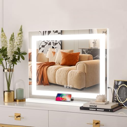 COOLJEEN Vanity Mirror with Lights, 23" x 18" LED Makeup Mirror, Lighted Makeup Mirror with 3 Color Modes, Detachable 10x Magnification and USB Charging, Tabletop & Wall-Mounted