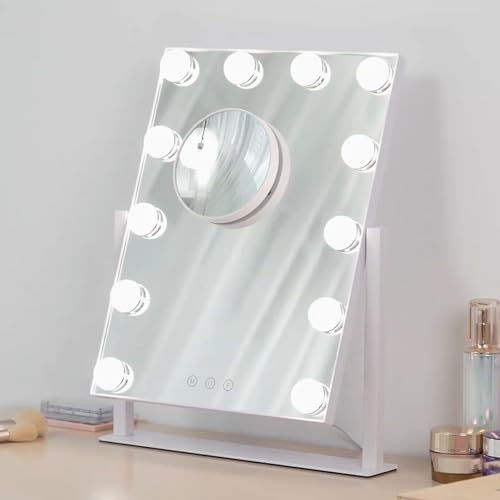 HIEEY Hollywood Makeup Mirror with 12 Dimmable Bulbs Lights, Three Color Lighting Modes, with 4in 20X Magnification Mirror, Smart Touch Control, 360¡ÆRotation (White,Gift Box)