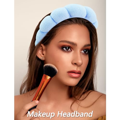 VELSCRUN Spa Headbands for Wash Face, Makeup Headband, Facial Skincare Headbands, 5 Pcs Blue Puffy Sponge Spa Headband Bow Tie Hair Band Hair Clips Wristband Set Women Girls Accessories