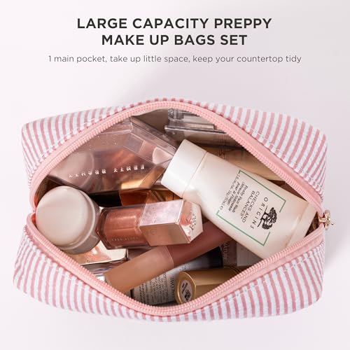 Pink Personalized Initial Makeup Bag Set, Cute Preppy Travel Toiletry Cosmetic Bags, Small Make Up Pouch, Birthday Gifts for Women, Girls, Friends, (M)