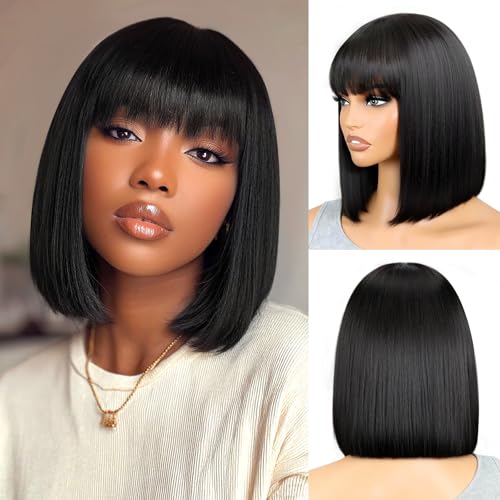 Black Bob Wigs Human Hair Short Wig with Bangs Straight Wigs Human Hair Glueless Wear and Go 150% Density Wigs for Women Daily Use 14 Inch