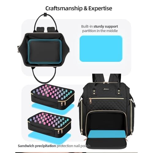 Large Nail Polish Organizer Bag Backpack Holds 70+ Bottles(15ml/0.5 fl.oz) UV Nail Lamp,Nail Organizers and Storage with 2 Removable Pouches Fits Nail Tool,Gift for Manicurist£¬Black