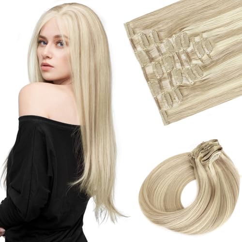 Sassina Human Hair Clip in Extensions 22 Inch Straight Clip in Hair Extensions Human Hair Golden Blonde to Medium Blonde Double Weft Clip ins 8 Pcs with 18 Clips 120 Grams #P16/22