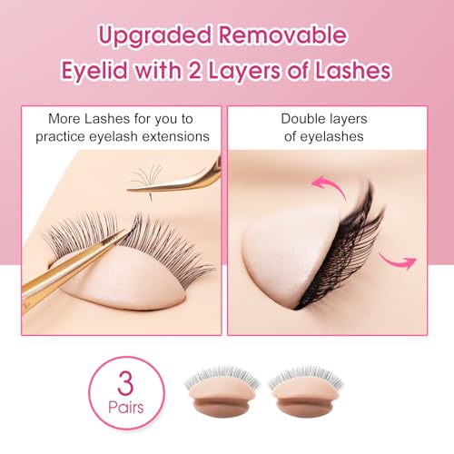 6 Pairs 2 Layers Eyelash Practice Eyelids for Mannequin Head, Silicone Rubber Removable Realistic Eyelash Extension Eyelids for Lash Training