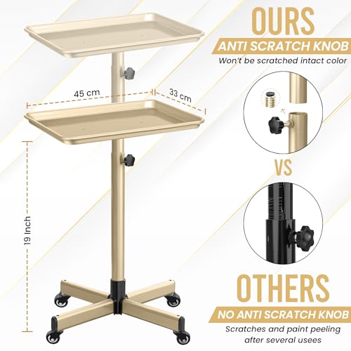 JayGlobal Gold Salon Tray On Wheels, Premium Aluminum Rolling Tattoo Tray, Height Adjustable Tattoo Cart Trolley for Hairstylist Salon, Spa & Clinic