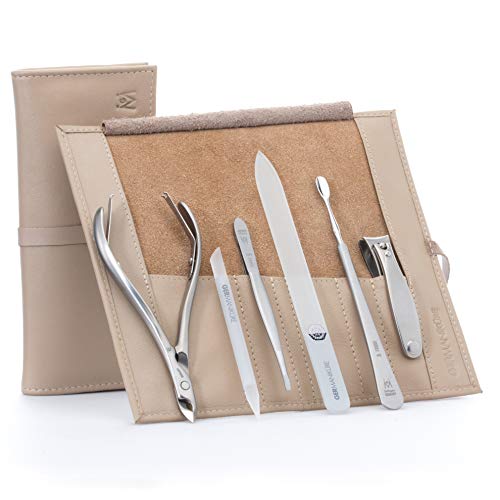 GERMANIKURE 6pc Manicure Set in Beige Leather Case - FINOX Stainless Steel Tools Made in Germany, Glass Nail Care Supplies Made in Czech Republic ? Professional Cuticle and Nail Care Kit