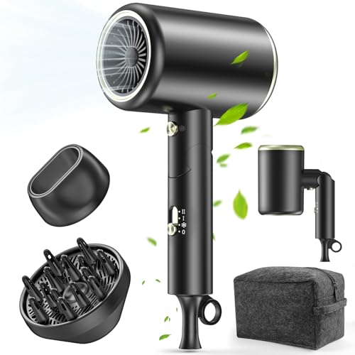 Hair Dryer, 150000RPM Ionic Blow Dryer - Fast Drying, Low Noise, Foldable Portable with Diffuser and Nozzle, Compact Mini for Women and Men, Home and Travel £¨Black£©