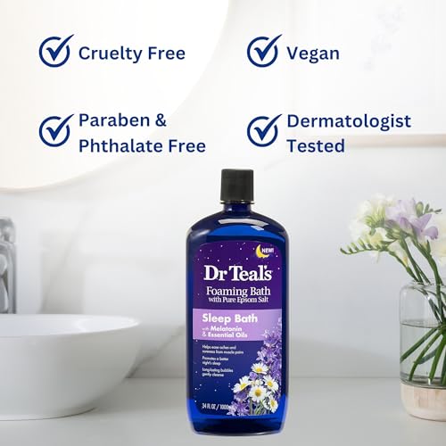 Dr. Teal's Melatonin Foaming Bath 34oz (Pack of 2) with Variety Junction Premium Bath & Shower Sponge - Sleep Inducing Bubble Bath, Clear