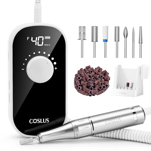 COSLUS Electric Nail Drill Professional: 40000 RPM Rechargeable Nail File with Stand for Acrylic Gel Nails - Stable & Smooth Grinding, Easy to Use, Ideal for Beginners Women, Home DIY and Salon, White