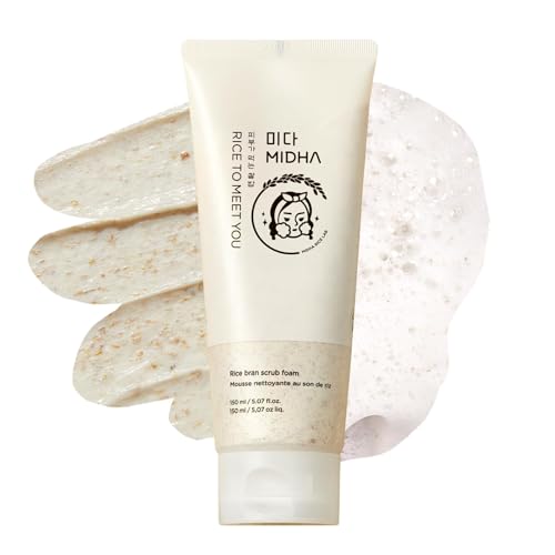 MIDHA RICE BRAN SCRUB FOAM 5.07fl.oz/150ml, Deep Cleansing, Pore-Purifying, Gentle Exfoliating – Soft Micro-Foam Face Wash with Balanced pH & Hydrating, Nourishing Care
