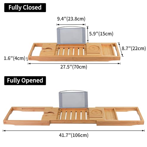 Utoplike Bamboo Bathtub Caddy Tray Bath Tray for Tub, Adjustable Bathroom Bathtub Organizer with Book Tablet Wine Glass Cup Towel Holder