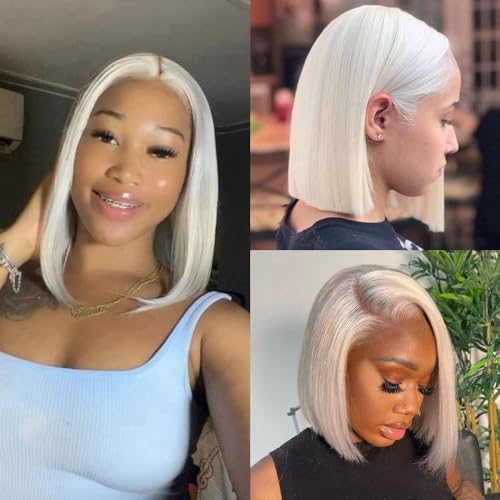 Glueless Wigs Human Hair Grey White Platinum Blonde Wigs for White Women 14'' 13x4 Lace Front Wigs with Baby Hair Pre plucked Frontal and Bleached Knots 60# Gray Ash Blonde Bob Wigs 150%