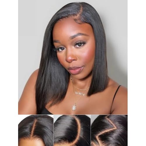 Julia Hair 14 Inch Yaki Straight Drawstring Wigs Human Hair Put On and Go Glueless Bob Wig 7x5 Bye Bye Knots Pre Plucked Pre-Cut Lace Closure Wig Beginner Friendly Black Short Yaki Bob Bleached Knots