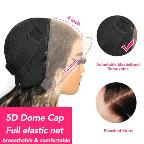 Rina Upgrade Black with Brown Blonde Highlight Wig Human Hair 210% Density 13x4 HD Body Wave Luxury Balayage Blonde Highlight Wig 12A Grade Raw Hair Pre Plucked Ombre Lace Front Wig for Women 26 Inch