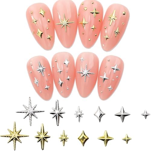 400pcs Gold Silver Star Nail Charms - 3D Star Nail Jewelry Rhinestones Supplies Accessories for Women Girls