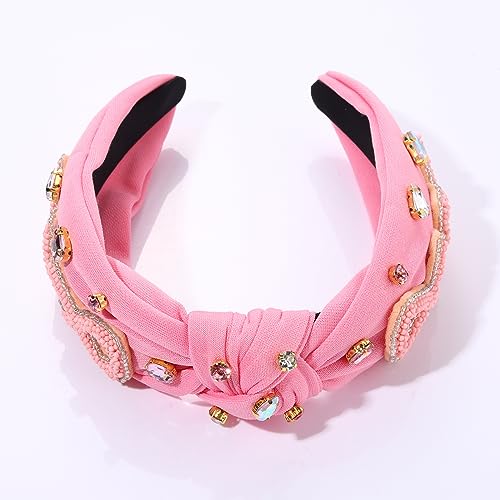 Pink Knotted Headband Sparkly Rhinestone Breast Cancer Awareness Knot Headband Crystal Jeweled Pink Ribbon Fright Beaded Twist Hairband Headpiece Breast Cancer Awareness Hair Accessories Gift for
