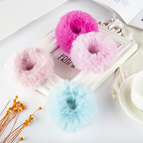 2 PCS Pink Pom Pom Hair Tie Fuzzy Furry Faux Rabbit Fur Scrunchies for Girls Women Hair Accessories