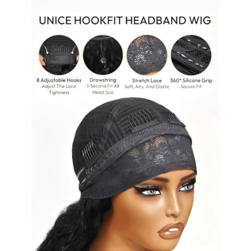 UNICE HookFit Water Wave Headband Wig Human Hair with Drawstring No-Slip Glueless Headband Half Human Hair Wig 150% Density Natural Black 20 inch