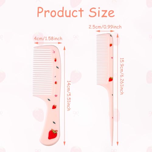 2pcs Cute Hair Comb Set, Pink Strawberry Baby Comb Fine Tooth Comb & Rat Tail Comb Toddler Tiny Hair Comb Small Girls Comb Plastic Mini Kids Comb Hair Parting Comb for Women Girls Kids All Hair Types