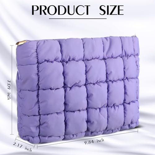 Hillban Purple Puffy Quilted Makeup Bag Quilted Cosmetic Bag Cute Puffer Toiletry Checkered Pouch Aesthetic Travel Makeup Brushes Organizer(Classic)