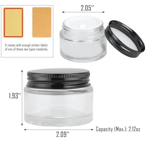 24 Pack 2oz Clear Glass Jars Small Glass Containers with Black Metal Lids Empty Cosmetic Jars with Inner Liners and Lids Clear Glass Lotion Jars with Labels for Traveling