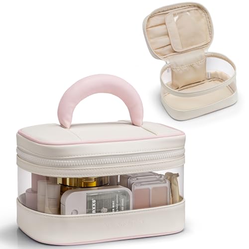 Vlando Travel Makeup Bag, Large Travel Toiletry Bag for Women Girl, Waterproof Cute Cosmetic Bag with Handle, Clear Make up Bag for Cosmetic, Brushes, Skincare-Cream White
