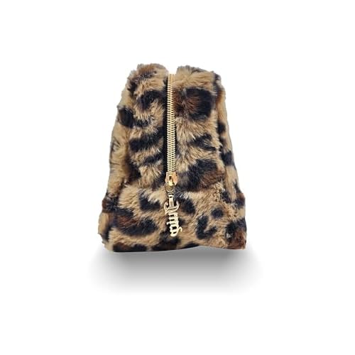 Juicy Couture Brown Makeup Bag Cosmetics Organizer Travel Essentials Zip Top Wedge Leopard Print Faux Fur Rhinestone
