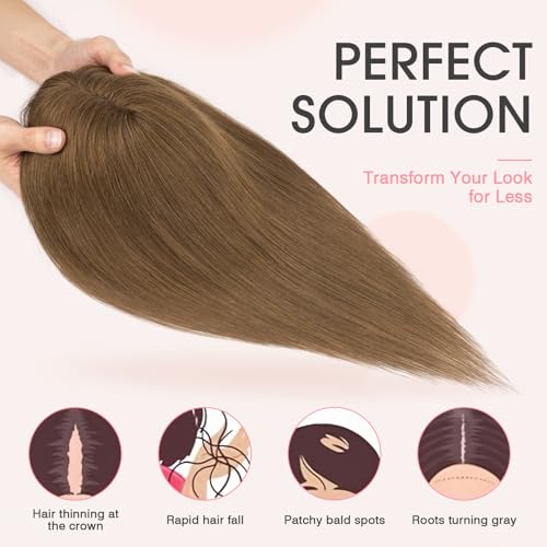 TESS Real Hair Toppers for Women Handmade Lace Base Womens Clip In Hairpieces with Bangs 5 Clips Natural Coverage Soft and Secure 2¡¿6", Medium Brown