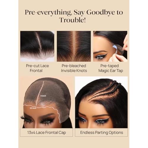 Julia Hair 13X4 HD Pre Everything Glueless Lace Frontal Wigs Human Hair Fluffy Natural Loose Wave Curtain Bangs Wig Pre Plucked Invisible Bleached Knots Pre Cut Lace Front Wig for Women 16 Inch