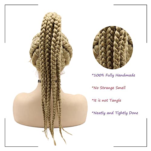 Blonde Braided Wig for Black Women Synthetic Fully Handmade 7 Box Braided Swiss Lace Wig with Baby Hair Heat Resistant High Ponytails Lightweight Braids Wig Party Makeup Costume