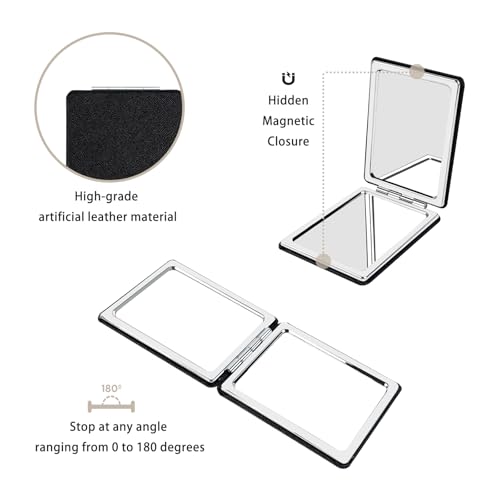 Portable Beauty Mirror with Leather Cover, 1X/2X Two-Sided Makeup Small Pocket Mirror, Portable for Travel and Purses - Black
