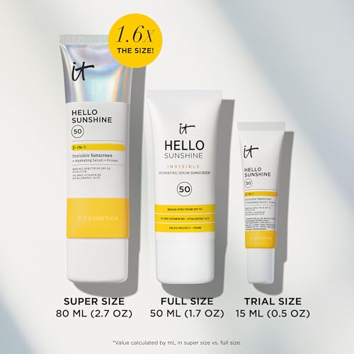 IT Cosmetics Hello Sunshine Invisible Sunscreen for Face SPF 50 - Sunscreen, Hydrating Serum & Makeup Primer - 1% Pro-Vitamin B5 & Hyaluronic Acid - HSA/FSA Eligible - No White Cast