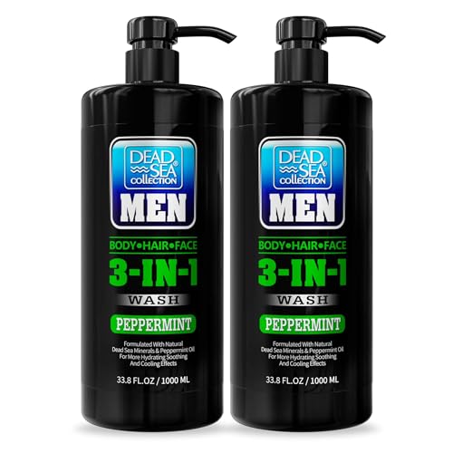 Dead Sea Collection Mens Body Wash 3 in 1 ? Peppermint Body Wash for Men ? Shower Gel ? Shampoo ? Shower Soap for Face and Hair ? Pack of 2 Bottles (33.8 Fl. Oz. Each)