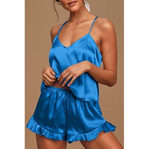CHYRII Women's Sexy Silk Satin Ruffled Pajamas Sets Cami Shorts Sets Sleepwear