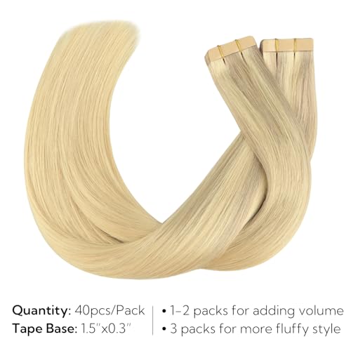 HOTBANANA Tape in Hair Extensions - 22 Inch 40pcs 100g Ombre Ash Blonde to Golden and Platinum Blonde Human Hair - Straight Remy Tape Extensions