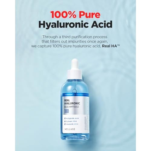 WELLAGE Real Hyaluronic Blue Ampoule 100, Value Review Korean Skincare, Fragrance Free Hyaluronic Acid Serum with Panthenol, Wild yam, Centella, Deep Hydration, Firming, Plumping, Non-Sticky 2 Pack
