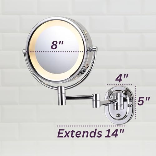 JERDON Wall-Mounted Makeup Mirror with 5X Magnification - Chrome Makeup Mirror with LED Lights - Plug in - HL65C