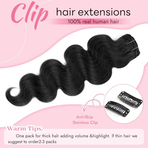 Clip in Hair Extensions Real Human Hair Body Wave 1B Natural Black Clip in 100% Brazilian Remy Human Hair Extensions 8pcs Per Set with 18 Clips Double Weft 16 Inch 90g/3.6oz