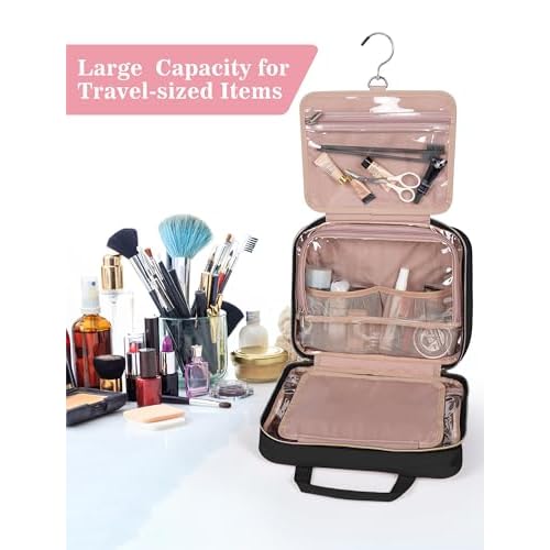 Black Toiletry Bag, Makeup Organizer, Travel Bag For Women Mens Toiletries, Waterproof with Hanging Hook, Large Capacity