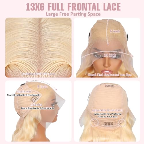 613 HD Lace Frontal Wig 200% Density 13x6 Blonde Color Body Wave Lace Front Wigs Human Hair Pre Plucked Glueless Wigs for Women (30inch)
